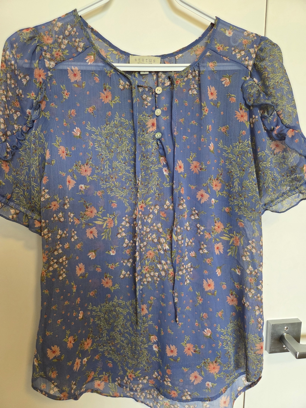 Chenault Blue Floral Ruffle-Sleeve Sheer  Blouse